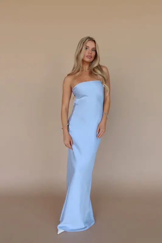 Carter Satin Strapless Maxi Dress In Dusty Blue