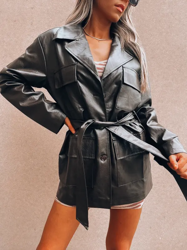 RESTOCKED: Mocha Pleather Belted Shacket